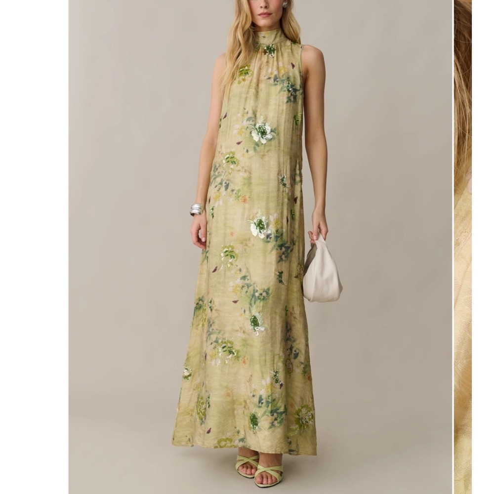 Fewmoda o.p.t Naia Dress Green Floral Sequin High Neck Maxi Sz Med NEW Wedding